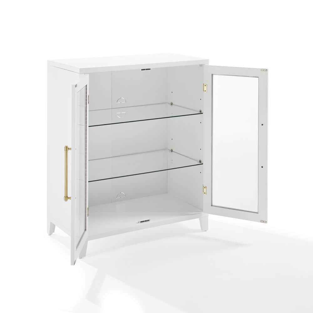 White Glass Door Kitchen Pantry Storage Cabinet with Gold Hardware