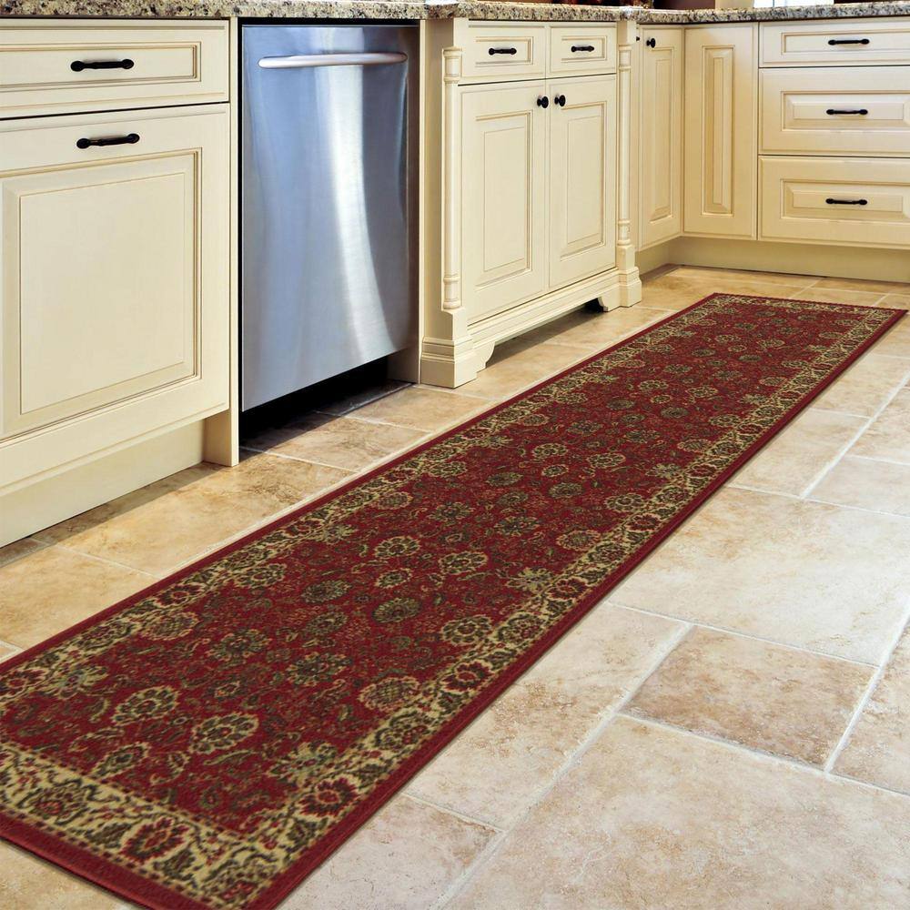 Dark Red Floral Non-Slip Synthetic Runner Rug