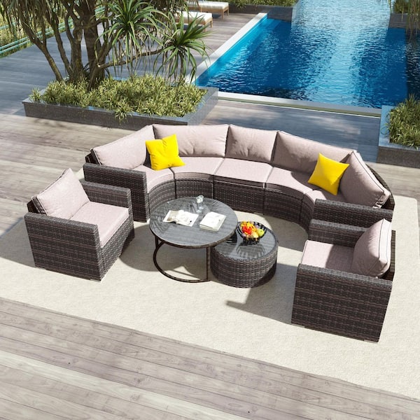 Unbranded Brown 9-Piece Half-Moon Wicker Outdoor Patio Sectional Sofa Set with Beige Cushions and 2 Free Overlapping Tables