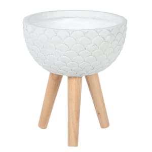 Scallop Embossed White 12.2 in. Round MgO Planter with Wood Legs Composite Decorative Pot