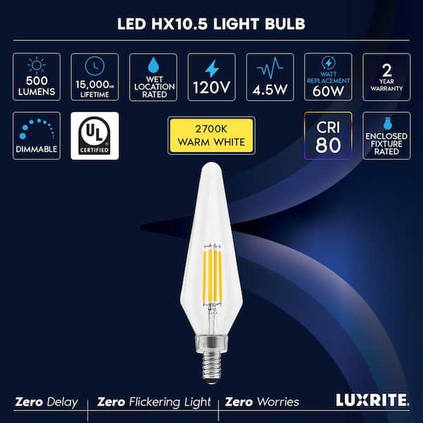 Luxrite LR21670-6PK 4.5 Watt, C11 LED, Dimmable Light Bulb, E12 Candelabra Base (Set of 6) Color Temperature: 2700