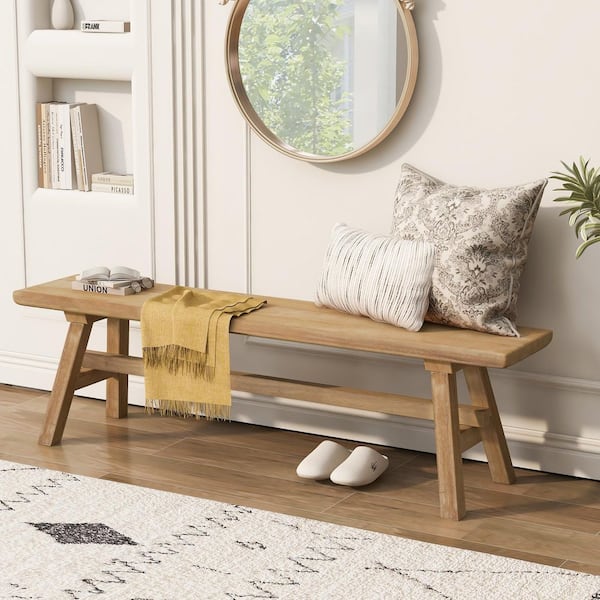 Farmhouse 55.1 in. Natural Finish Solid Wood Entryway Bench