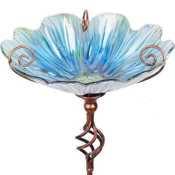 Unbranded 31 in. H x 11 in. Dia Blue Glass Birdbath with Metal Stake
