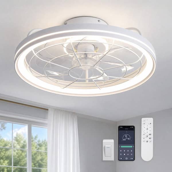 19 in. Smart Indoor Flush Mount Ceiling Fan with Light and Remote App Control Small Modern White Caged Fandelier