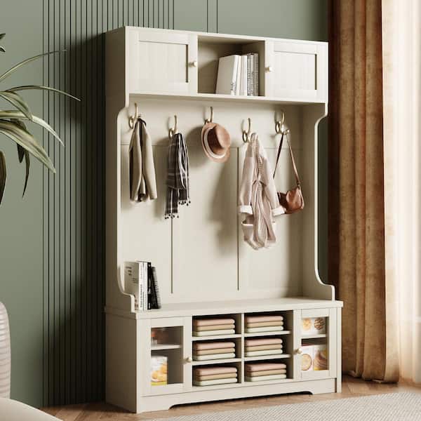 THE RIGHT PATH Hall Tree and Shoe Storage Bench or Entryway Beige