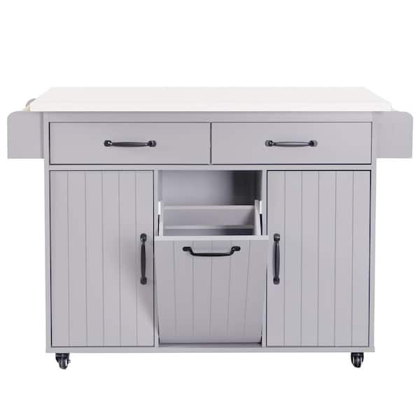 Unbranded Gray Wood Countertop 51 in. Kitchen Island on 5 Wheels with Drop Leaf and Trash Can Storage Cabine