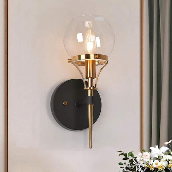 LNC Mid-Century Modern 4.9 in 1-Light Brass and Black Wall Sconce with Clear Globe Glass Shade Wall Lamp, LED Compatible