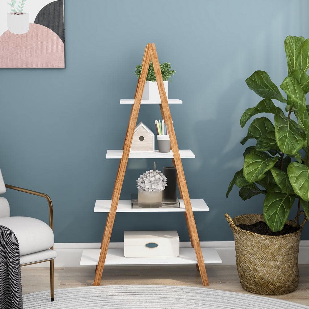 53.54 in. Tall White Frame Bamboo Wood 4-Shelf Bookcase