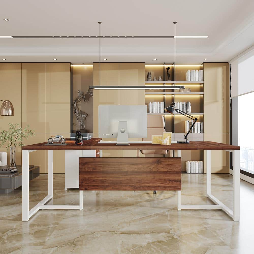 Walnut and White L-Shaped Executive Desk with Filing Cabinet