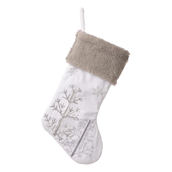 Glitzhome 21 in. H Polyester White Fleece Stocking with Christmas Tree and Snowflake