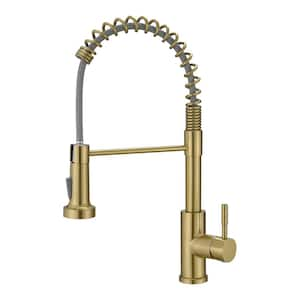 Single Handle Pull Down Sprayer Kitchen Faucet with Advanced Spray 1-Hole Stainless Steel Kitchen Taps in Brushed Gold