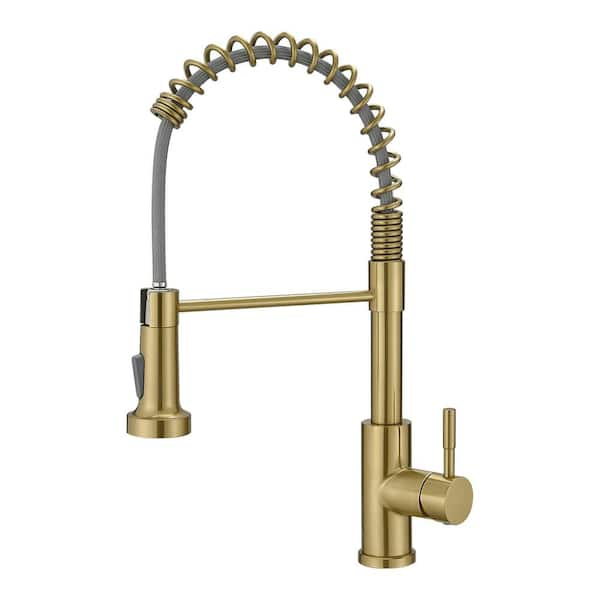 Single Handle Pull Down Sprayer Kitchen Faucet with Advanced Spray 1-Hole Stainless Steel Kitchen Taps in Brushed Gold