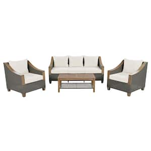Gray 4-Piece Metal Outdoor Patio Conversation Set with Wooden Coffee Table and Beige Cushions