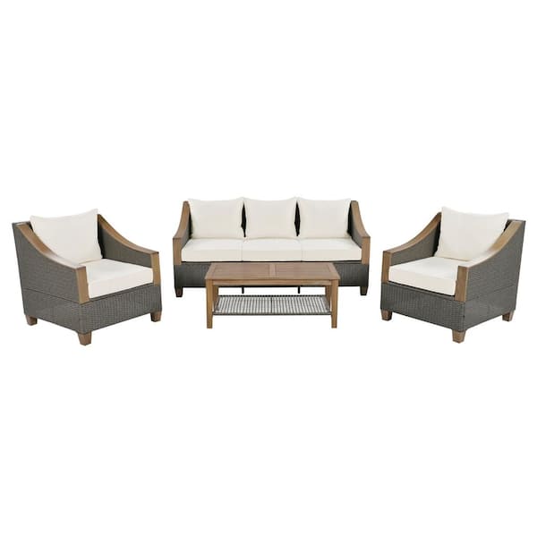 Sudzendf Gray 4-Piece Metal Outdoor Patio Conversation Set with Wooden Coffee Table and Beige Cushions