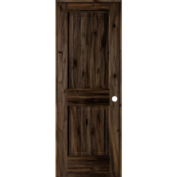 Krosswood Doors 28 in. x 80 in. Knotty Alder 2 Panel Left-Hand Square Top V-Groove Black Stain Solid Wood Single Prehung Interior Door