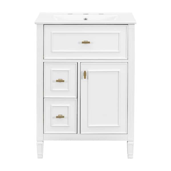 24 in. Freestanding White Bath Vanity with White Ceramic Top 1-Flip Drawer and 2-Drawers