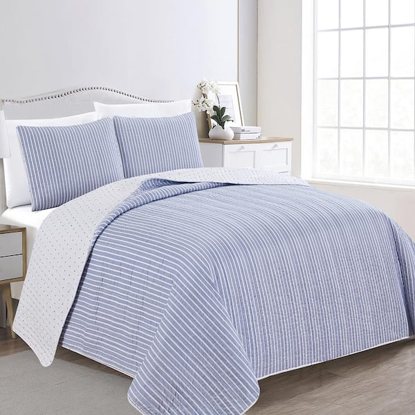 FRESHFOLDS 3-Piece Blue Premium Reversible Stripe King Microfiber Quilt Set Bedspread