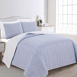 3-Piece Blue Premium Reversible Stripe King Microfiber Quilt Set Bedspread