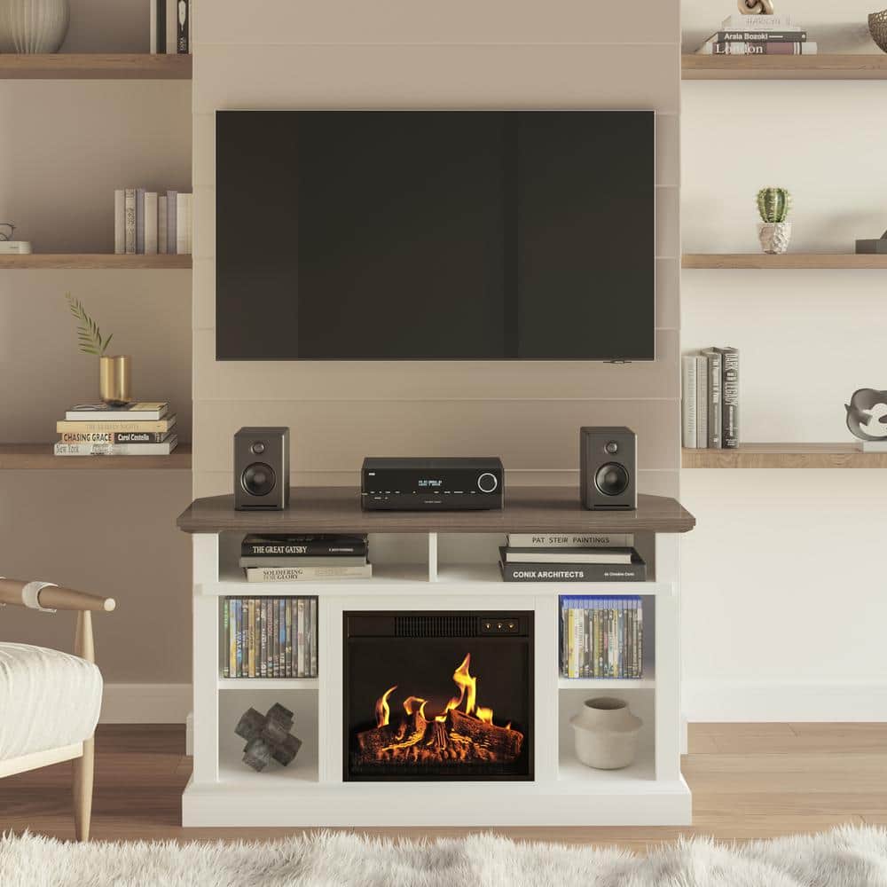 White Corner TV Stand with Electric Fireplace and Storage Cabinet