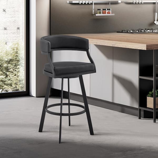 Armen Living Saturn 39 in. Black Metal Bar Stool with Faux Leather Seat