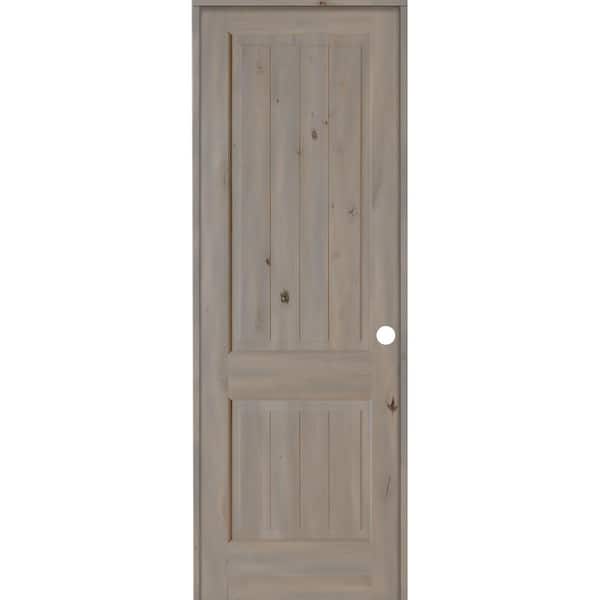 Krosswood Doors 32 in. x 96 in. Knotty Alder 2 Panel Left-Hand Square Top V-Groove Grey Stain Solid Wood Single Prehung Interior Door