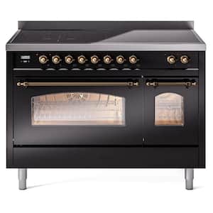 Nostalgie 48 in. 6 Zone Freestanding Double Oven Induction Range in Glossy Black with Bronze Trim