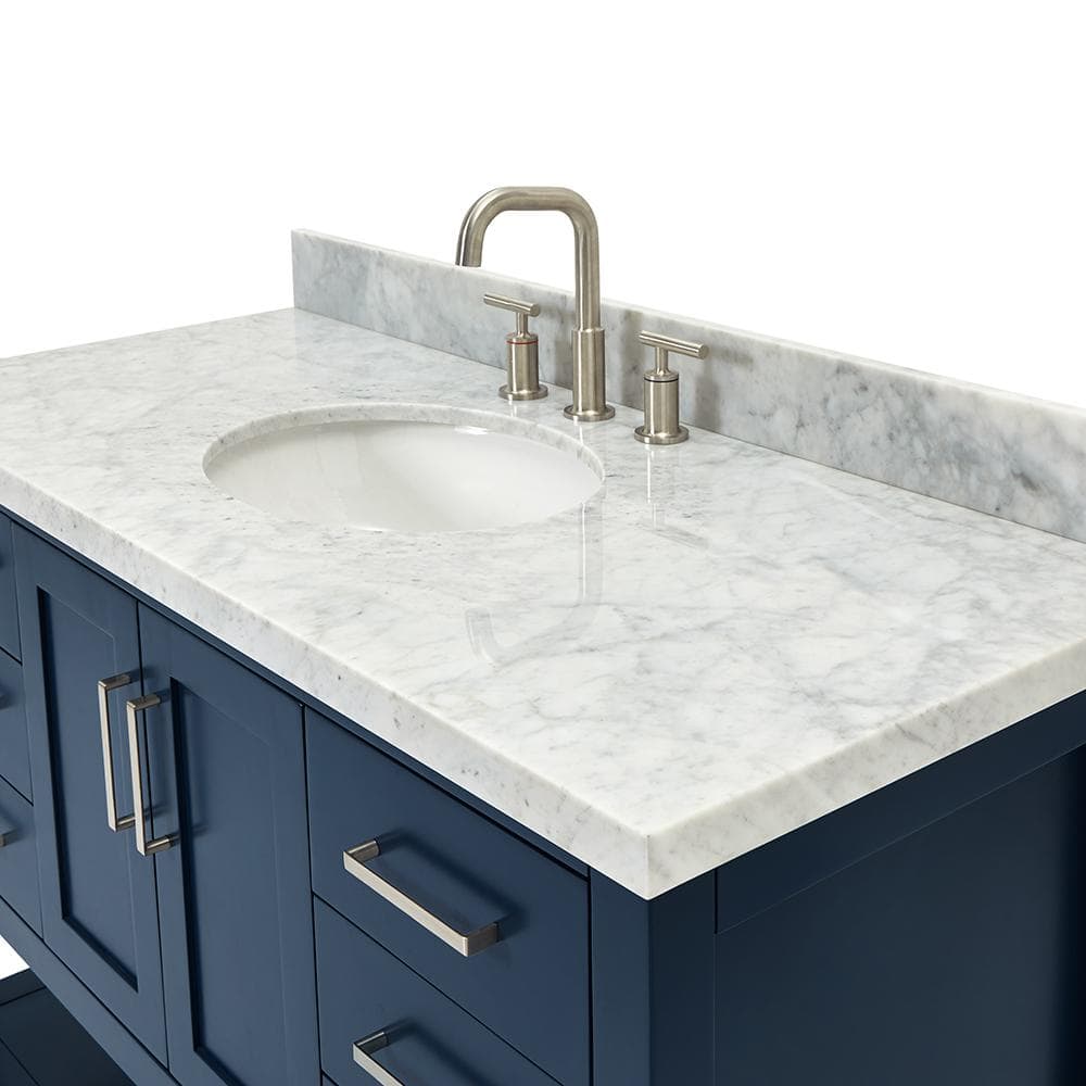 Midnight Blue Solid Wood Bath Vanity with White Marble Top