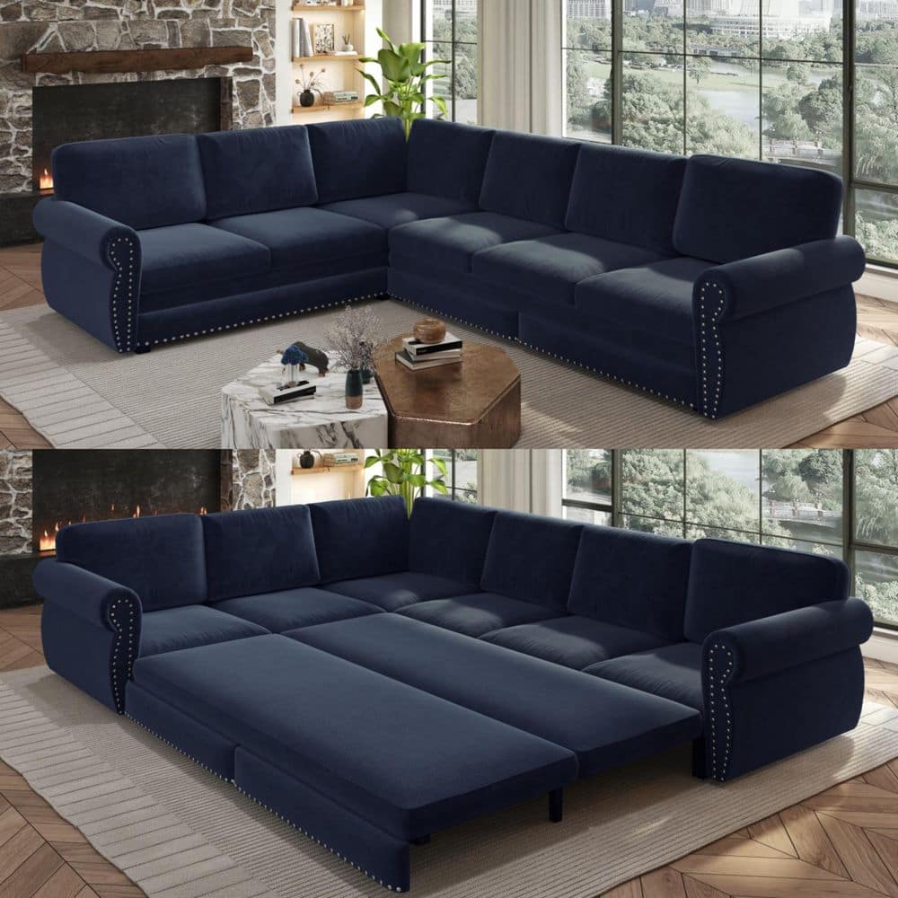 Fiery 118 in. Blue Chenille Upholstery King Size L-Shaped Sofa Bed, Pull Out Sofa Bed with Nailhead Trim price history on PriceWatchPro