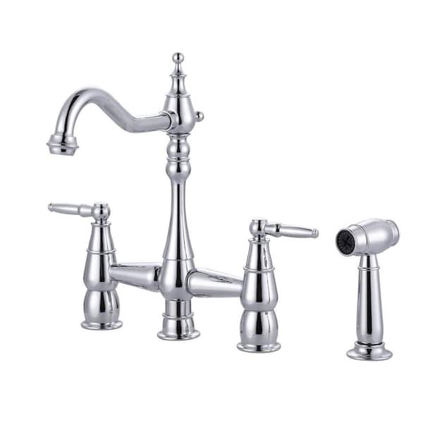 Vintage Double Handle Bridge Kitchen Faucet with Faucet-Side Sprayer in Polished Chrome