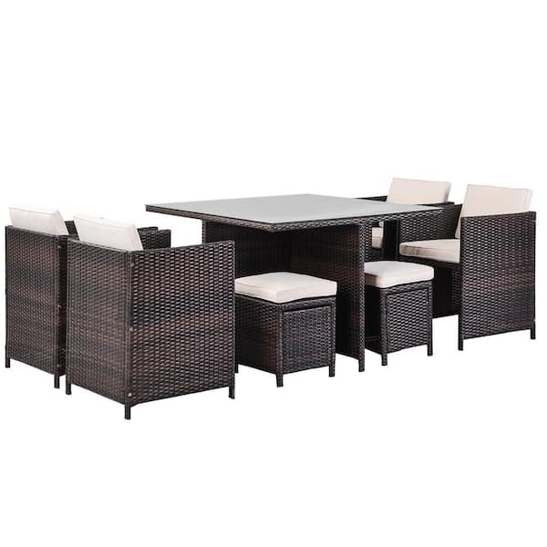 Wateday Brown 9-Piece Wicker Outdoor Patio Conversation Seating Set with White Cushions