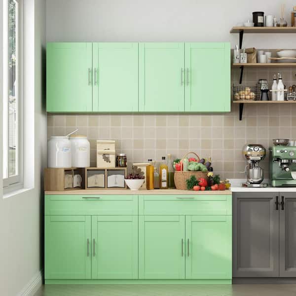 FUFU&GAGA Green Wooden 63 in. Width Food Pantry, Sideboard, Pantry Cabinet, with Wall Mounted Kitchen Cabinet (2-Parts)