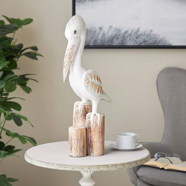 Litton Lane White Wood Handmade Distressed Pelican Sculpture with