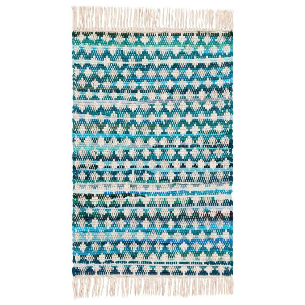 SAFAVIEH Montauk 3 ft. x 5 ft. Turquoise/Ivory Striped Geometric Fringe ...