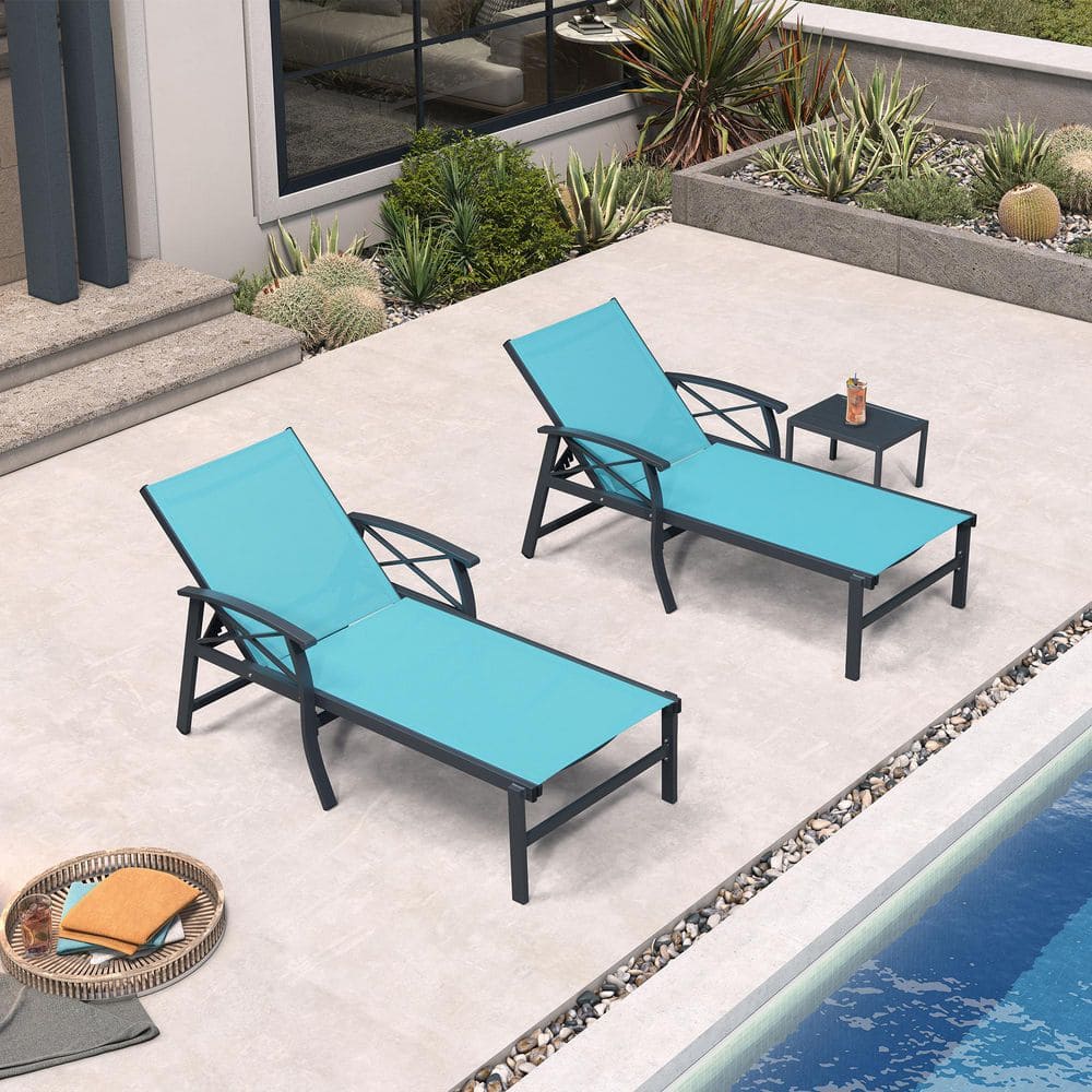 2 Pieces Oversize Outdoor Pool Lounge Chaise with Armrest and Table Aluminum Patio Chair for Outside Backyard, Blue price history on PriceWatchPro