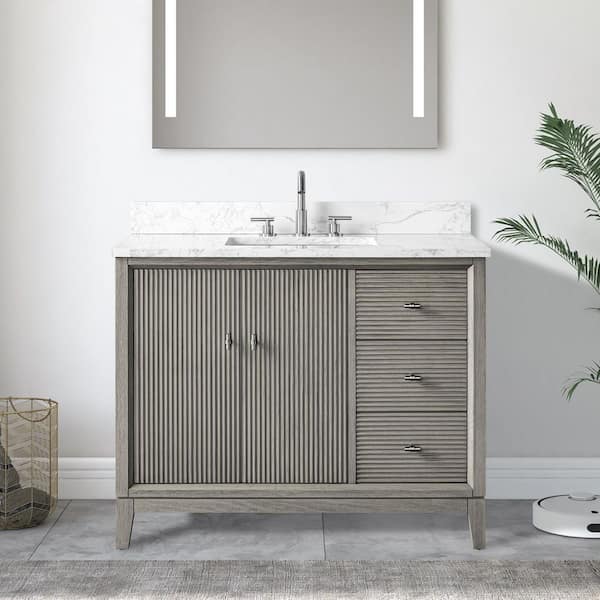 Vanity Art 42 in. W Single Sink Freestanding Driftwood Gray Bath Vanity Cabinet with Arabescato White Engineered Marble Top
