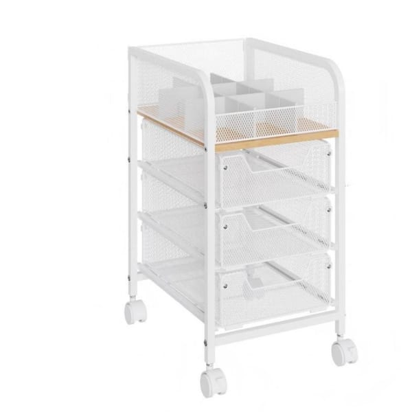Tension Mount 3-Drawer Medium Rolling Vanity Organizer in White, Slim Metal Makeup Cart with Locking Casters, 3 Drawers