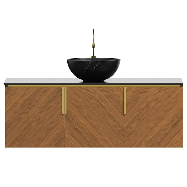 48 in. Wall-Mounted Brown Oak Bath Vanity with Black Sintered St1 Top Unassembled