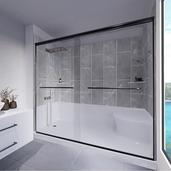 Platinum Grey-Rainier 60 in. L x 32 in. W x 83 in. H Base/Wall/Door Seated Base Alcove Shower Stall/Kit Matte Black Left