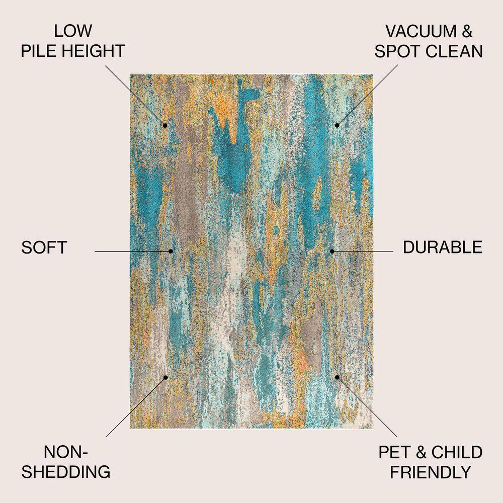 Abstract Aqua and Turquoise 4' x 6' Easy-Care Synthetic Rug