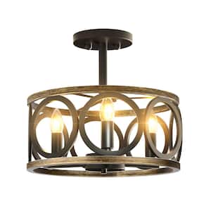 13 in. 3-Light Black Cage Drum Semi-Flush Mount Ceiling Light Fixtures Industrial Farmhouse Style for Kitchen Island