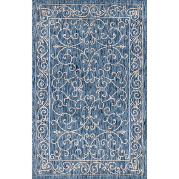Charleston Vintage Filigree Navy/Gray 5 ft. 3 in. x 7 ft. 7 in. Textured Weave Indoor/Outdoor Area Rug