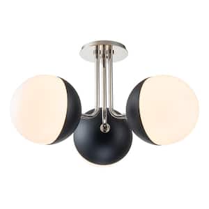 Goouu 19.7 in.W 3-Light Polished Nickel/Black Modern Semi-Flush Mount with Milk White Glass Shades for Dining Room