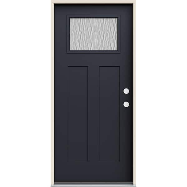 JELD-WEN 36 in. x 80 in. Left-Hand 1/4 Lite Craftsman Vapor Hammered Glass Black Fiberglass Prehung Front Door