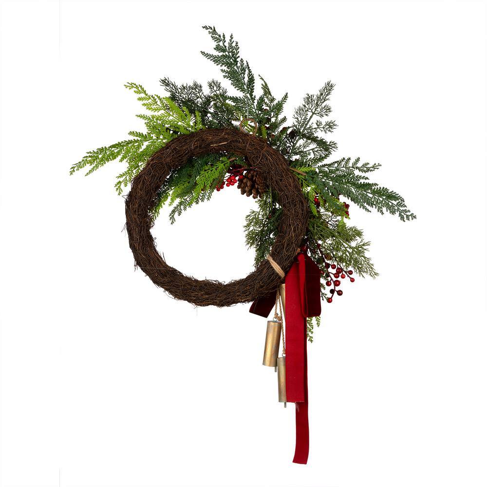 24" Artificial Christmas Wreath with Pine Cones and Chimes