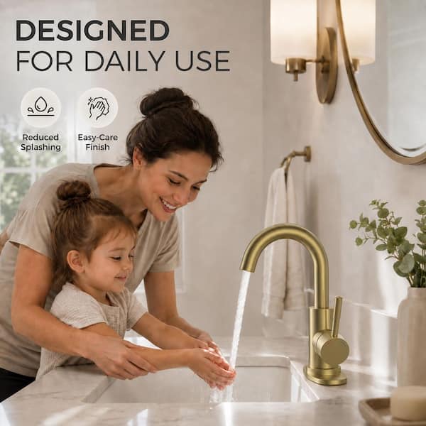 Single Hole Single-Handle Mid Arc Bathroom Faucet with Swivel Spout in Brushed Gold