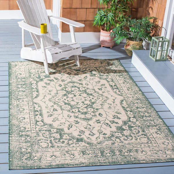 Courtyard 2 ft. x 4 ft. Beige/Dark Green Border Floral Medallion Indoor/Outdoor Area Rug