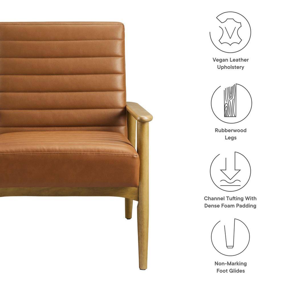 French Oak Tan Faux Leather Barrel Accent Chair with Wood Frame