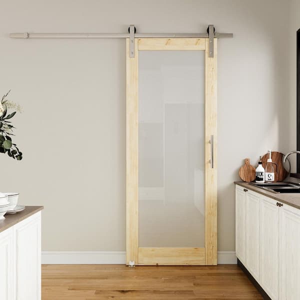 32 in. x 96 in. 1-Lite Frosted Glass Unfinished Solid Pine Wood Sliding Barn Door with Hardware Kit Nickel Plated