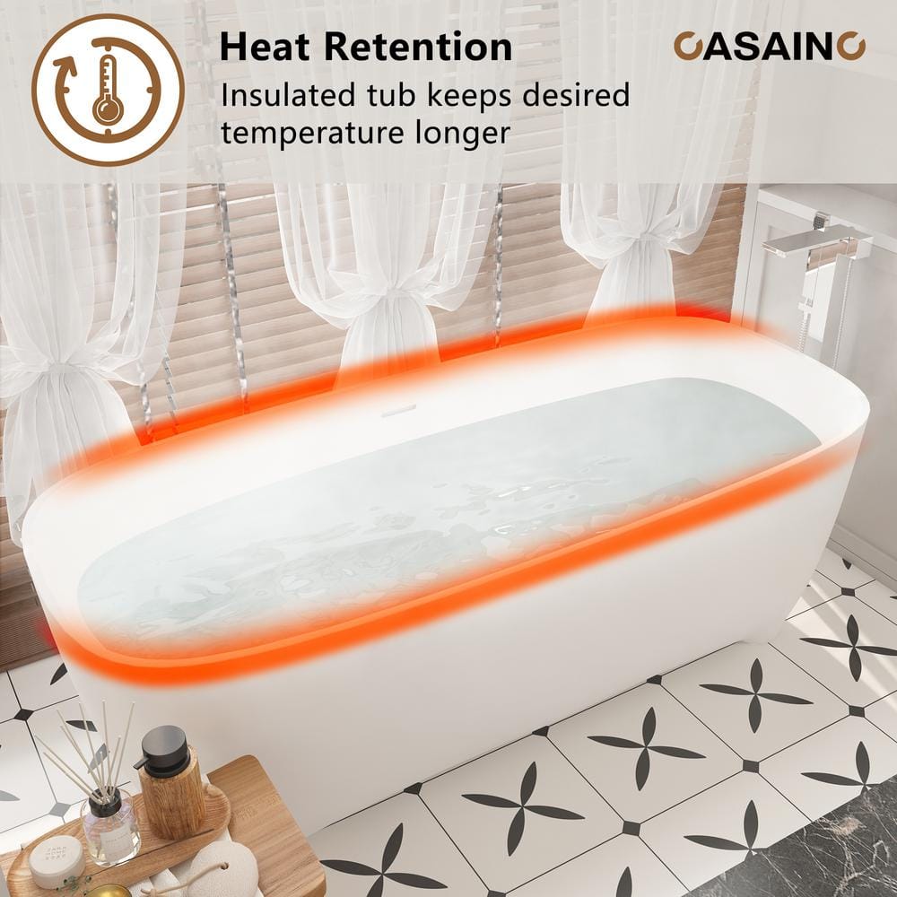 67" White Solid Surface Freestanding Soaking Bathtub
