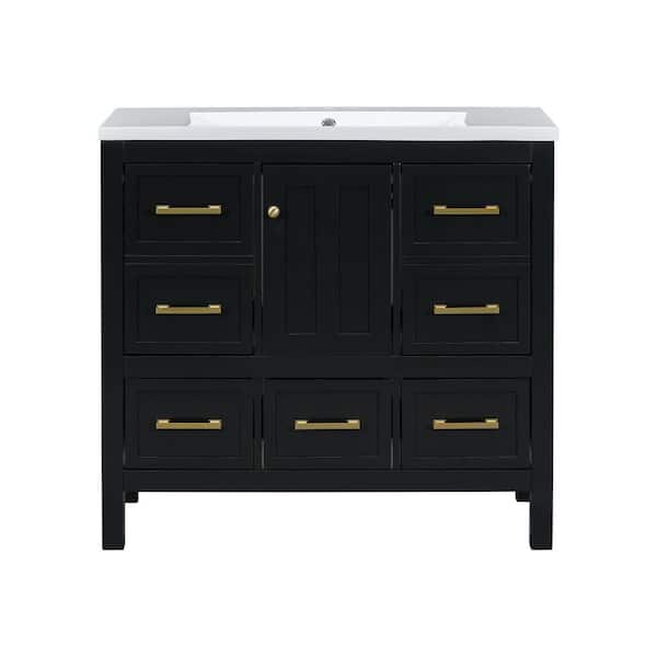 Siavonce 36 in. H Bathroom Decorative Cabinet with Resin Sink and Solid Wood Frame 5 Drawers and Dividers Black